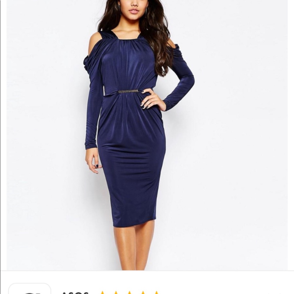 Midi navy cold shoulder long sleeve dress